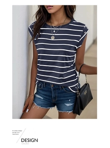 Detail of nautical striped sleeveless top with metallic shoulder buttons and round neck