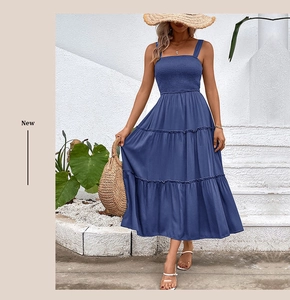 Close-up of blue smocked bodice and tiered ruffle hem on a summer vacation dress