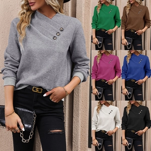Women Asymmetric V Neck Long Sleeve Sweatshirt Textured Knitted Top With Decorative Buttons Solid Color Casual Pullover