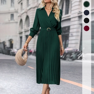 Robe Longue Plissée Élégante pour Femmes Manches Longues Col en V Avec Ceinture Couleur Unie Bureau Fête Décontracté