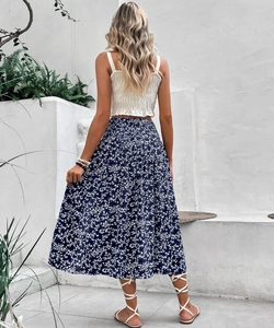 Detailed back view of a summer floral skirt and smocked top set for a casual holiday look