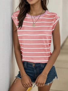 Detail of pink and white striped sleeveless summer T-shirt with lavender neckline trim