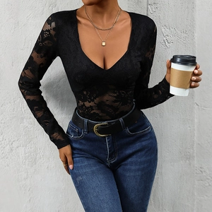 Body Sexy en Dentelle Florale pour Femme Col en V Profond Manches Longues Transparent Ajouré Coupe Ajustée Combinaison de Fête