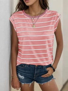 Detail of pink and white striped sleeveless t-shirt featuring silver shoulder buttons
