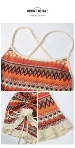 Detail of colorful knitted halter top featuring wavy patterns and drawstring ruffled hem