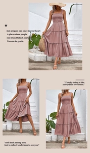 Detail of dusty rose tiered maxi dress with smocked bodice and wide shoulder straps