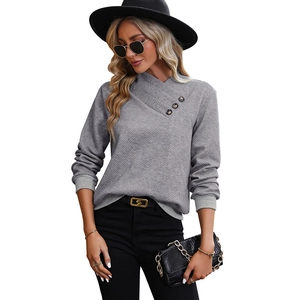 Women's grey V-neck sweatshirt with asymmetric buttons and diamond texture fabric