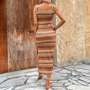 Bohemian knit maxi dress with geometric patterns, square neck, and high side slit