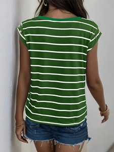 Detail view of green and white striped summer top with shoulder button accents