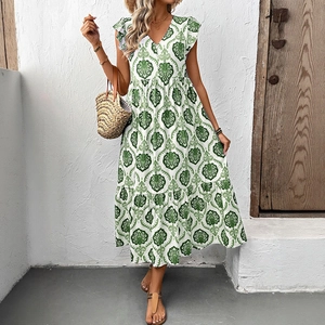 Robe longue vintage à imprimé mandala vert et blanc, col V et ourlet à volants