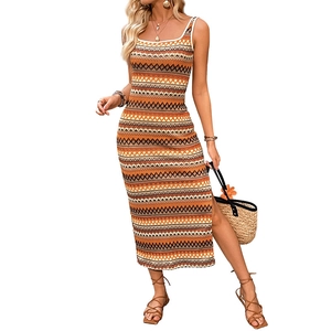 Women's knit midi dress featuring geometric wave patterns and a side slit for summer beach