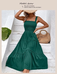 Detail of smocked bodice and tiered hem on a dark green summer vacation maxi dress