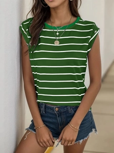 Detail view of dark green striped T-shirt with shoulder buttons and ribbed crew neck
