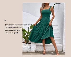 Deep green smocked bodice tiered maxi dress with wide shoulder straps for summer