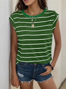 Detail of green striped sleeveless top showing round neckline and shoulder decorative buttons