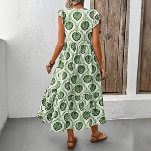 Robe longue sans manches à imprimé géométrique vintage avec manches volantées et jupe à étages