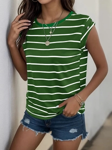 Detail of green and white striped sleeveless top with shoulder button and crew neck