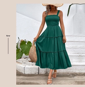Detail of dark green smocked square neck bodice and tiered skirt on summer dress