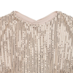 Macro detail of elegant champagne shirt showing vertical silver sequin stripes on V-neckline