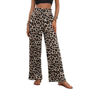 Pantaloni a gamba larga leopardati da donna con vita alta con coulisse e vestibilità comoda