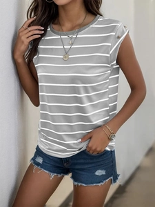Close-up of gray and white striped sleeveless top with gold button shoulder detail