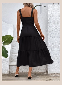 Detail of smocked back and tiered skirt on a black sleeveless summer maxi dress