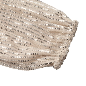 Detail of sequined long sleeve cuff with elastic wrist on champagne mesh fabric blouse