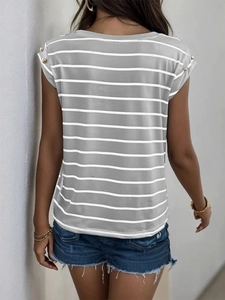 Detail of the back view on a gray striped t-shirt with chic shoulder button accents