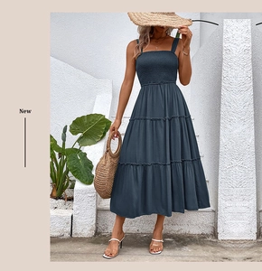 Detail of steel blue smocked bodice and tiered hem on this summer midi dress