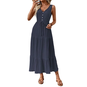 Elegantes dunkelblaues ärmelloses Maxikleid mit V-Ausschnitt, Stufensaum und Kordelzug