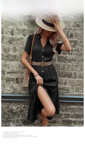 Short sleeve black button-down shirt dress with straw belt and casual summer vacation style