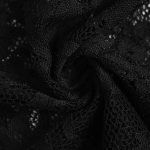 Close-up of premium black lace fabric with intricate crochet patterns and floral textures