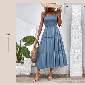 Detail of the blue smocked bodice and tiered hem on this summer sleeveless maxi dress