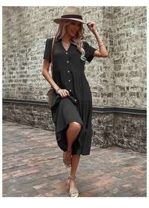 Detail of a black layered button-down shirt dress featuring a V-neck and a flowy silhouette