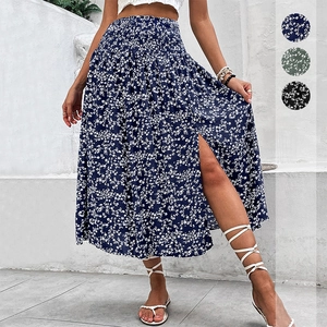 Bohemian High Waisted Smocked Floral Midi Skirt With Side Slit Women Casual Vacation A-Line Viscose Print Summer Skirts
