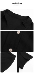 Detailed view of black shirt dress featuring lapel collar, buttons and precise stitching