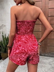 Red tropical print strapless romper with elasticated back smocking for summer beach wear