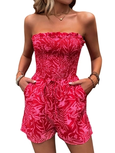 Summer red tropical palm leaf print rompers with smocked chest and drawstring waist