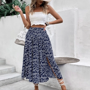 Blue floral high waist maxi skirt with side slit and white crop top summer vacation set
