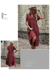 Detail of wine red V-neck midi dress with short sleeves and wooden buttons