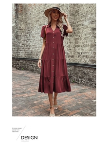 Detail of wine red short sleeve midi dress with shirt collar and tiered skirt hem