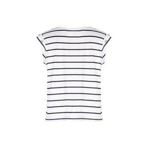 Detail of classic black and white striped sleeveless top with gold shoulder buttons
