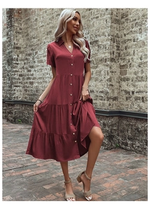 Detail of burgundy shirt dress featuring a tiered skirt and button-down front lapel