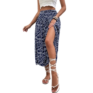 Summer blue floral maxi skirt featuring a high waist elastic fit and side slit design