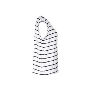 Detail showing side cut of striped sleeveless top with gold decorative buttons