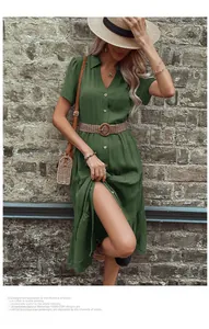 Green short sleeve midi shirt dress with button-up V-neck and woven belt detailing