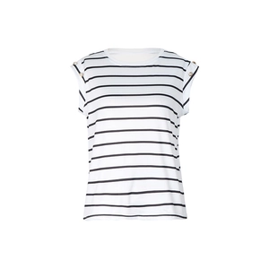 Detail view of gold buttons on the shoulders of this striped sleeveless summer top