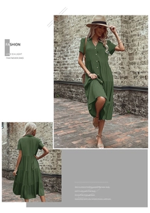 Detail view of the dark green tiered dress featuring a button-down shirt collar design