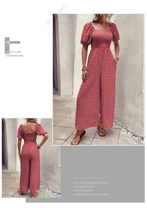 Detail of red floral wide-leg jumpsuit with puff sleeves and smocked bodice detail