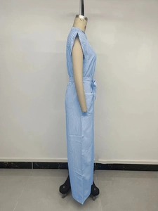 Detail view of sleeveless V-neck jumpsuit with blue and white vertical stripes and side pocket